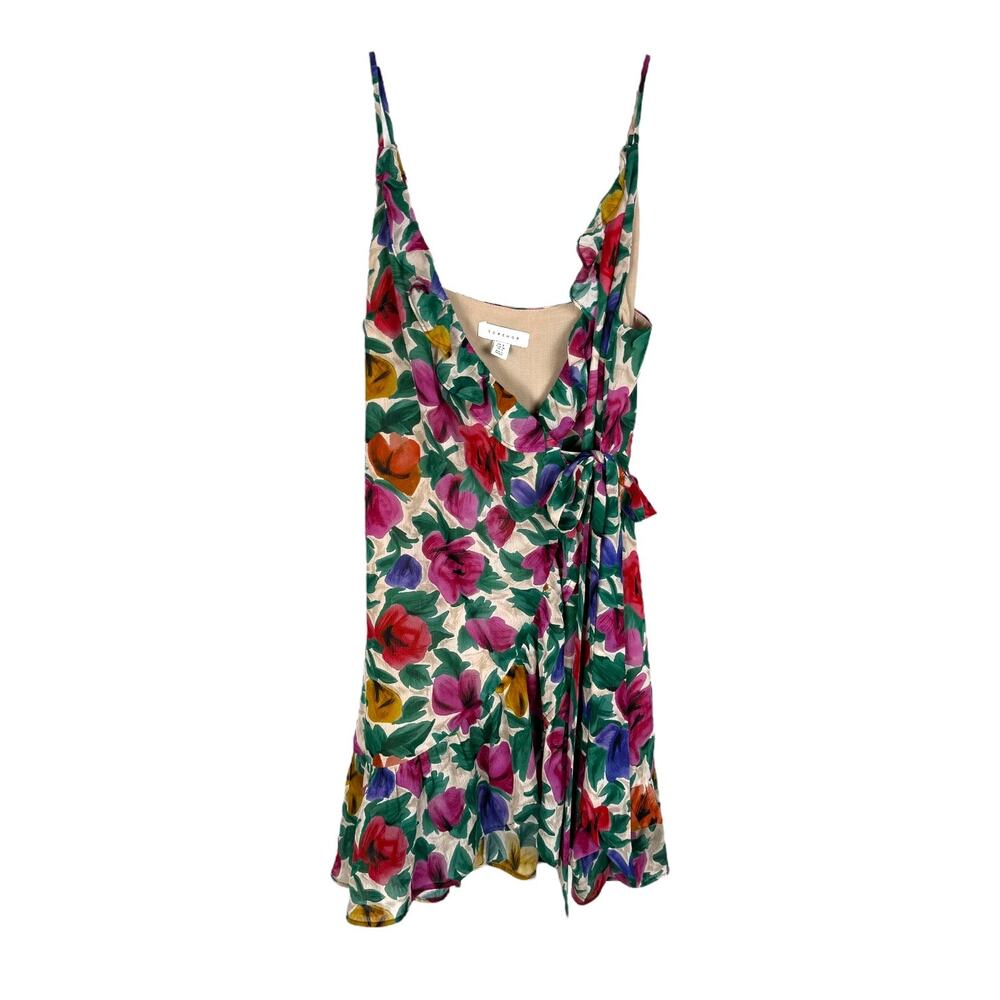 Topshop Floral Print Sleeveless Wrap Ruffle Mini Dress Multi Green Pink Size 4